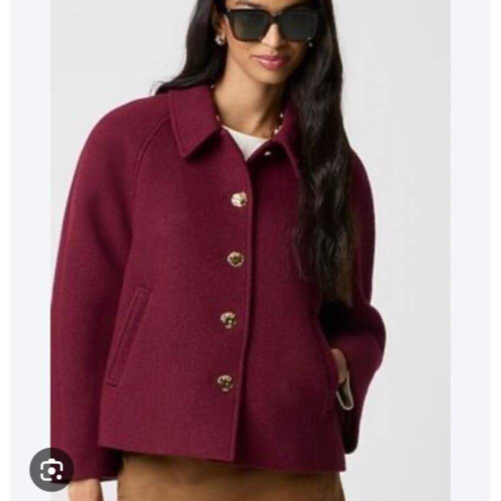J. Crew Women Cropped Wool Blend Swing Pea Coat size M NWT Burgundy Gold Buttons